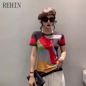 REHIN Womens top Summer new fashion mesh haloing color clash printing short-sleeved T-shirt round-neck slim fit S-3XL elegant trendy Korean version blouse