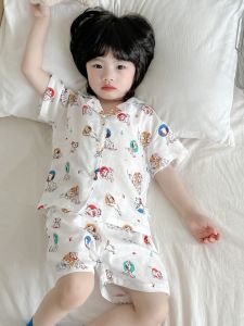Cool Bamboo Cotton INS Parent-Child Summer Thin Cool Short Sleeve Shorts Set Cartoon Home Clothes for Boys And Girls