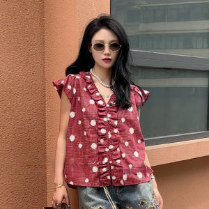 Áo Sơ Mi Nữ Cổ Chữ V Tay Lỡ Mùa Hè 2025 Phong Cách Mới Tay Lỡ Họa Tiết Chấm Bi Thời Trang Giảm Tuổi