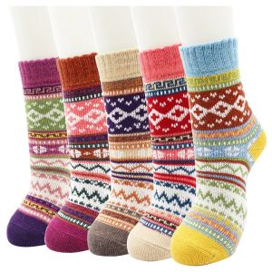 Ethnic style womens thickened cold-proof and warm medium tube  rabbit wool blended retro geometric color matching terry socks