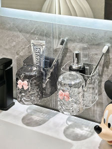 Bathroom Wall-Mounted Toothbrush Holder No-Drill Toothpaste Cup Storage Rack Dental Care Organizer Scandinavian Style Shelf