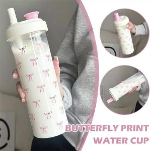 1/2pc 750ml Pink Bow Printed Water Cup Portable Large Capacity Tumbler Water Bottle with Straw Lid Girly Attractive Drinking Cup