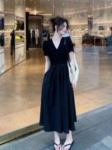 Stylish Korean plus Size Summer Dress Slimming Black Mini Dress Fashionable High Waist A-Line Silhouette Casual Wear