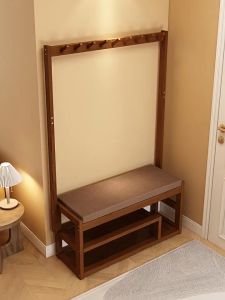 LACC Multifunction Shoe Rack High-grade 2Layers Shoes Changing Stool 70/80/100CM 2 In 1 With Hooks Floor Coat Rack Bamboo Space Saving Living Room