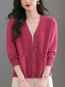 Spring Autumn V-Neck Versatile Knitwear Coat Women Short Loose Long Sleeve Cashmere Open Cardigan Outerwear Fashionable Slimming