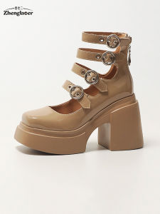 Zeng Laobier Womens Fashion Single Shoes Ultra High Heels Metal Buckle Strap round Head Leather Spring Autumn Waterproof Platform