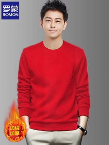 Romon Mens Hoodie Red Fleece Lined Thick Long Sleeve round Neck Casual Top Warm Autumn Winter Fashion Urban Style Slim Fit