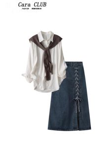 CaraCLUB plus Size Autumn Outfit Womens Long Sleeve Denim Mini Skirt Set Casual Korean Style Loose Fit Fashion Ensemble