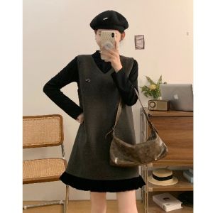 ชุดกระโปรงสั้นแขนกุดสีแดง ชุดสามชิ้น ทรงหลวม แขนยาว ทรงเอ สำหรับผู้หญิงไซส์ใหญ่ ชุดแฟชั่นเกาหลี