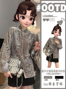 New Chinese Style Velvet Shirt Jacket Womens Spring Autumn Loose Long Sleeve Diamond Embellished Button down Casual Top