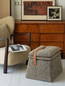 ELIN LONYAIN | Vintage Wabi-Sabi Brown Wool Blend Fabric Covered Short Stool