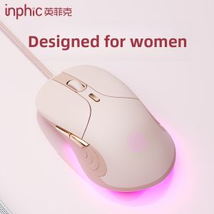 Inphic B8 Wired Gaming Mouse Silent for Office And Esports Notebook And Desktop Computer Specialized Cute Pink Mouse for Women