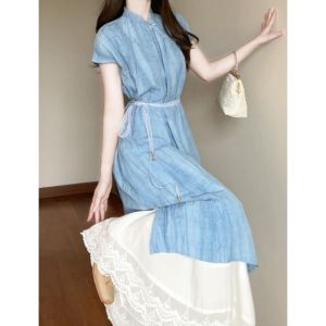 New Chinese Style Blue Zen Short Sleeve Dress Womens Summer Stylish Elegant Loose Slimming Bandage Dress Dress