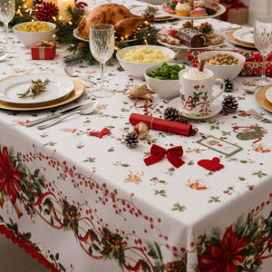 Christmas Tablecloth Waterproof Stain-Resistant Holiday Print Table Cover for Dining Table Kitchen Party and Centerpiece Decor