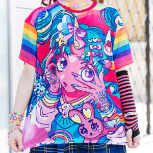 Harajuku Neon Gothic Girl Full Print Color Contrast T-shirt Harajuku Oversized Top Cute Girl Y2k Children/Adults Street Style