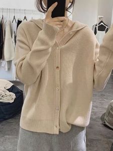 Huawu Fragrance 100% Wool Sweater Womens Loose V-neck Cardigan Pullover Single Breasted Thickened for Winter Season