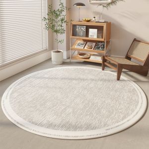 Minimalist Round Rug Light Gray Beige Textured Carpet with White Border for Nordic Home Decor Gift