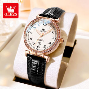OLEVS นาฬิกาผู้หญิงแฟชั่นนาฬิกาข้อมือผู้หญิงสวยหรูสไตล์เกาหลีหน้าปัดเพชรขนาดเล็กหน้าปัดหนังเรืองแสง