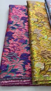African Jacquard Brocade Lace Fabric | Pink Mint Gold Embossed Floral Tulle | Ghana Nigerian Party Wedding Dress Sewing Material