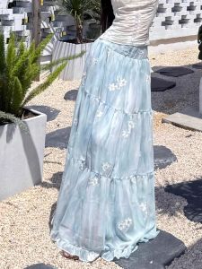 Váy Dài Họa Tiết Hoa Màu Xanh Pháp Pure Desire Cho Nữ Mùa Hè Cạp Cao Váy Nửa Thân Váy Xếp Ly Dài Phong Cách Mùa Hè Váy Đi Biển