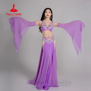Belly Dancer Costume for Women Senior AB Stones Bra +Sleeves+Chiffon Long Skirt 3pcs Adult Oriental Dancing Performance Outfit