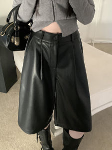 กางเกงขาสั้นหนังสีดำ เอวสูง กางเกงขายาวทรงตรง กางเกงขายาวลำลอง ทรงหลวม สำหรับผู้หญิง ฤดูใบไม้ร่วง/ฤดูหนาว