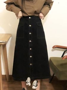 High Waist A-Line Denim Skirt Single Button Mid-Length for Pear Shaped plus Size Women Trendy Commute Pure Color Autumn Fashion