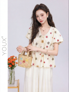 YOUXIANG | Áo Sơ Mi Tay Bồng Thêu Hoa Mùi Hương Ngọt Nước Pháp