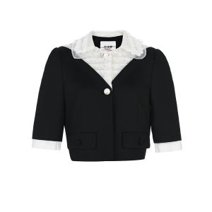 LeFame Fashionable Silk Mohair Jacket Short Sleeve Patchwork Lace Top Womens Commute Style Straight Cut Wool Blend Coat