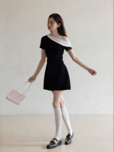 Cantonstory | French Style Polka Dot Shoulder Asymmetrical A-Line Dress