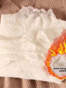 chaqi | Womens Fashionable Half High Collar Fleece Lined Brushed Lace Shirt Warm Underwear Top Commute Style Korean Version Long Sleeve
