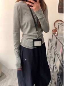 Korean Style Grey Long Sleeve T-Shirt Womens Thin Inner Wear Base Shirt Slim Fit Paper Person Top Spring Autumn Fashion