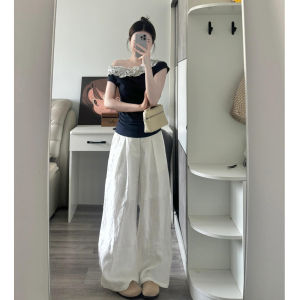 Quần Ống Rộng Vải Lanh Trắng Xếp Ly Dài Thường Ngày Cho Nữ Mùa Hè Quần Dài Ống Rộng Rộng Rãi Thon Gọn