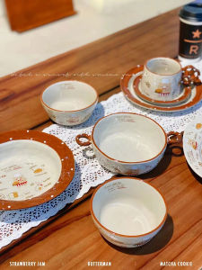 Retro Bread Bear Ceramic Dinnerware Set Home Use Small Snack Bowl Coffee Cup Plate Cute Cartoon Anime round Shape from China