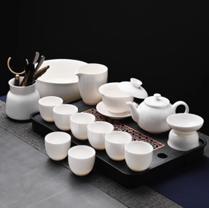 Dongyun White Porcelain Tea Set Bamboo Stand Living Room Tea Brewing Set Gongfu Tea Utensils Home Use Modern Chinese Style