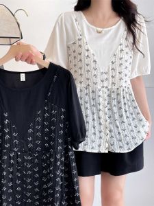 Large Size Womens Summer Korean Style Faux Two-Piece Butterfly Knot Printed Ruffles Bubble Sleeves Short T-Shirt