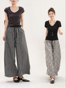 HTMEME | Spliced Waistband Gingham Loose-fit Straight Trousers