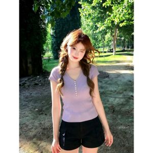 PEIXI | French V-neck Cap-sleeve Purple Knit Slim Fit t-shirt