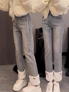 WANGGONGZHU | High Waist Straight Leg Fleece Lined Cuffed Thickened Denim Pants Womens Fashionable Autumn Winter New Arrival Princess Style