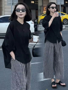 Casual Plaid Wide Leg Pants Two-Piece Set for Women Loose Slimming Meat Covering Shirt Autumn Fashion Ensemble Polyester Fiber