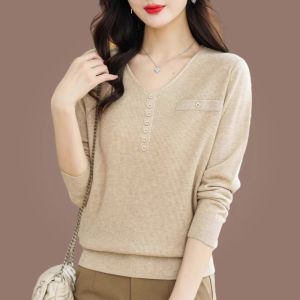 Spring Autumn Thin Pure Color Knitted Sweater Womens Korean Version V-neck Top Short Loose Sweater Inner Match Versatile Long Sleeve Base