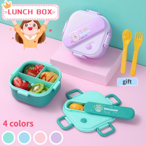 3 Grids Bento Lunch Box Cartoon Double Layer Lunch Box for Kids Portable Student Bento Box Microwave Capable