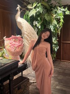 Nalyza Gold Corrected Pearl Satin Asymmetric Design Sensation Strapless Dress Lightweight Ceremony Dress French Style High Waist Long Skirt