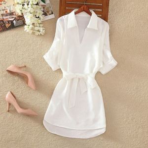 Slim Fit Half Sleeve Shirt Skirt Thin Belted Short Dress Street Style Pure Color mid Waist Summer Fashion for Women over 40