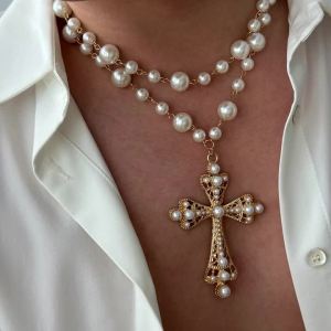 IngeSight.Z Charm Elegant Imitation Pearl Choker Necklace for Men Women New Goth Jesus Cross Pendant Necklace Male Party Jewelry