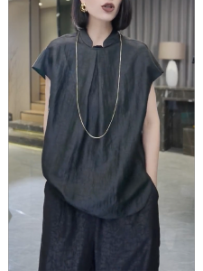 QINGNAER | Chinese Style Black Acetate Short Sleeve T-shirt