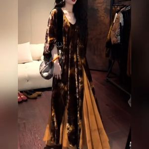 Sanji New Chinese Style Autumn Winter Dress Elegant A-Line Skirt Long Sleeve V-Neck Loose Waist Retro Commute Fashion Dress