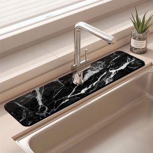 VIKAMA Black Marble-Patterned Sink Mat | Kitchen Faucet Splash Guard | Quick-Drying Non-Slip Countertop Drain Mat