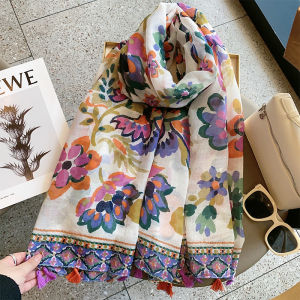 Spring Summer New Style Womens Cotton Linen Scarf Beach Travel Sun Protection Floral Tassel Shawl White Enhancing Korean Version