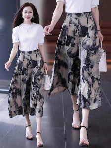 New Chinese Culottes Womens Summer Thin High Waist Loose and Slimming Drooping Wide-Leg Pants Chinese Style Ink Painting Casual Pants